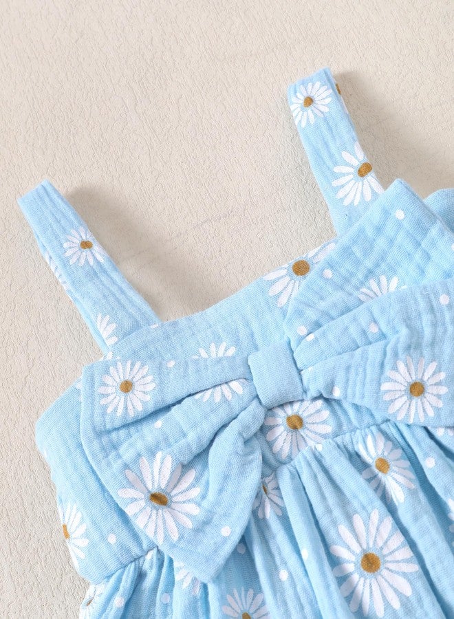 SODLON Infant Summer Girl Dress Cute 6-9 Month Baby Girl Clothes Big Bow Blue Daisy Flower Sundress Beach Casual Sleeveless 9-12 Month Dresses with Sunhat Floral Party Outfits for Girls - Image 5